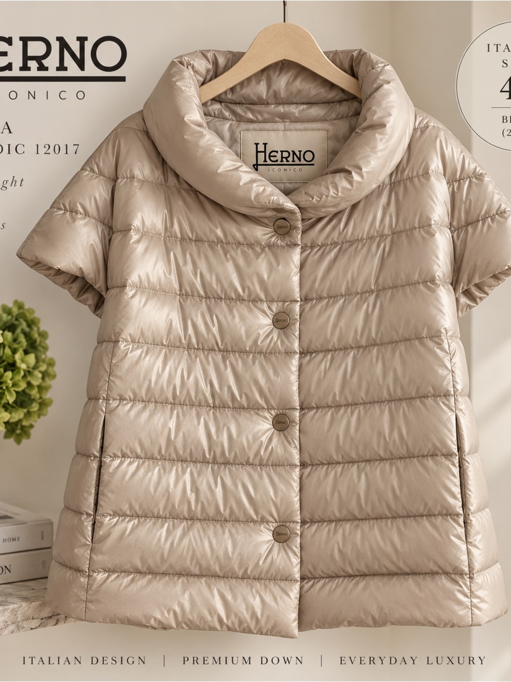 HERNO Iconico Emilia 2100 Beige Short Sleeve Down Puffer Jacket IT 48